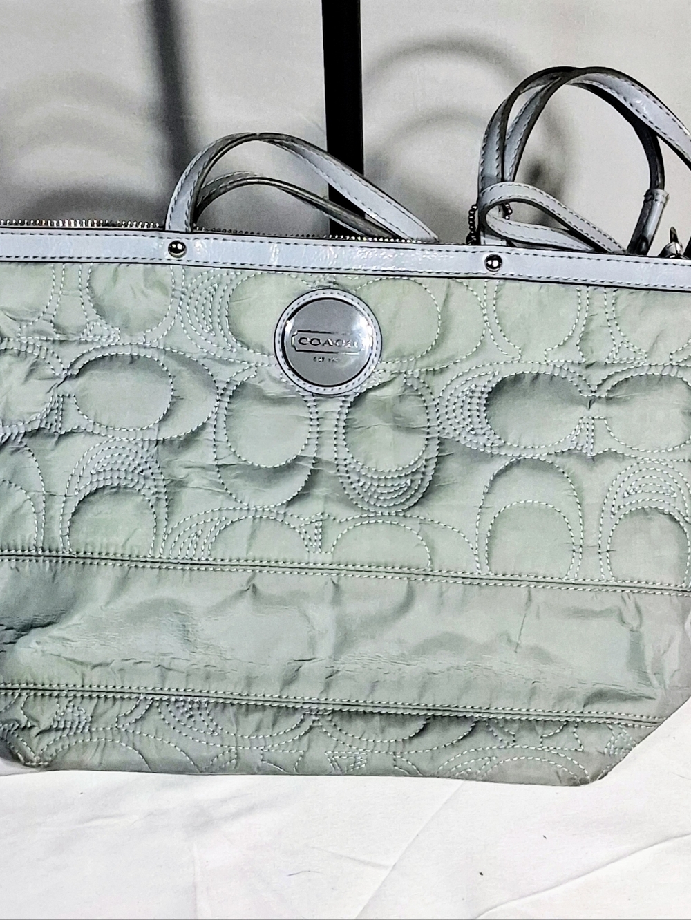 Coach Quilted Leather Tote Bag in Light Green Leather Straps Lavender Int F17668